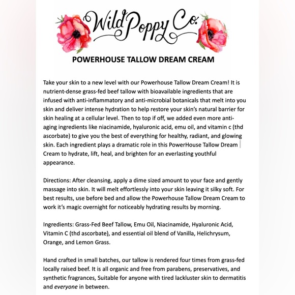 Handcrafted 100% Beef Tallow Moisturizer 4 oz with Emu Oil, Niacinamide and More - Picture 5 of 5